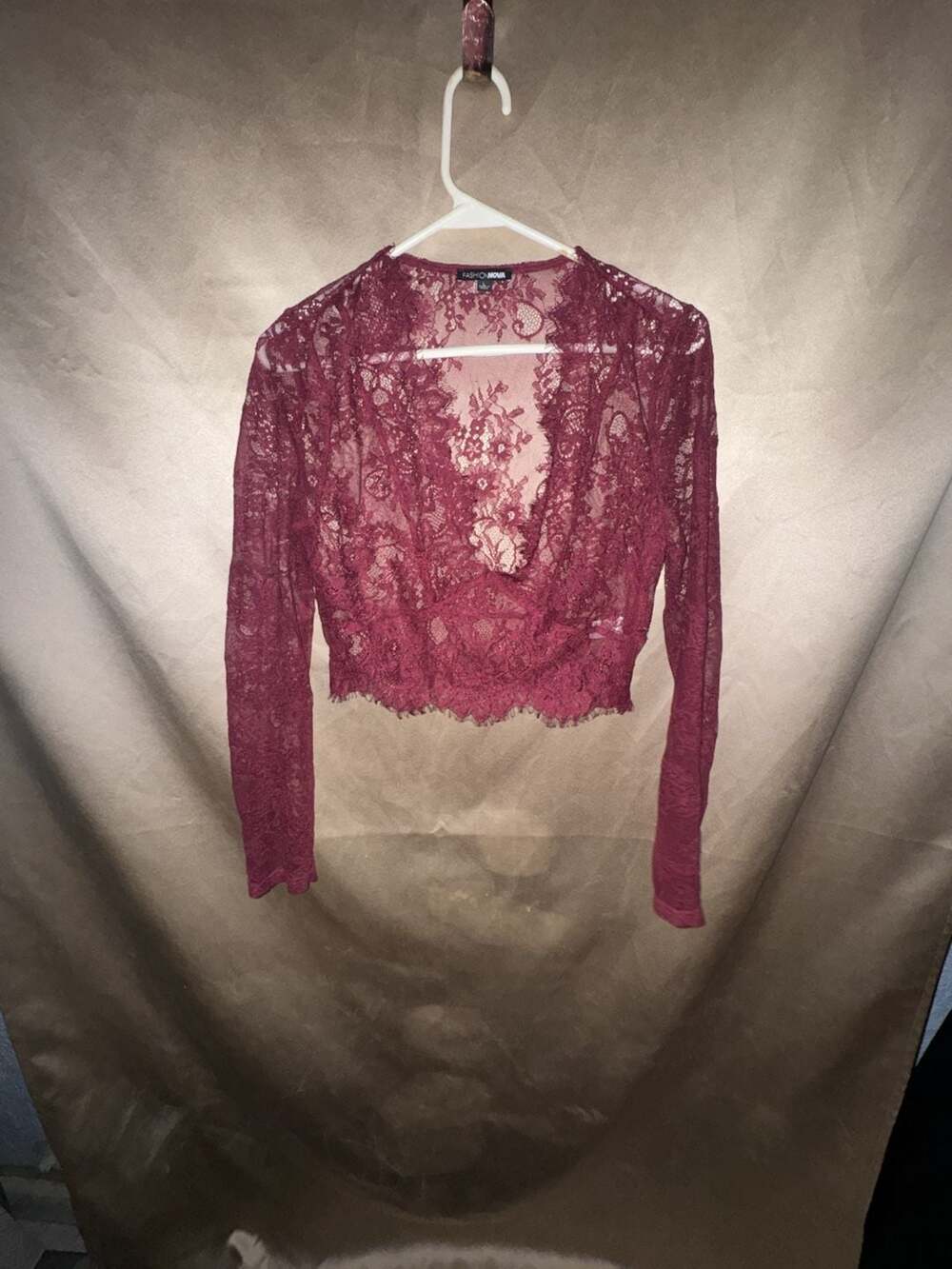 Fashion Nova Burgundy Floral Lace Long Sleeve Crop Top